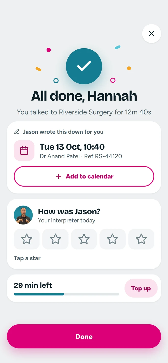 App: All done, with the appointment details saved